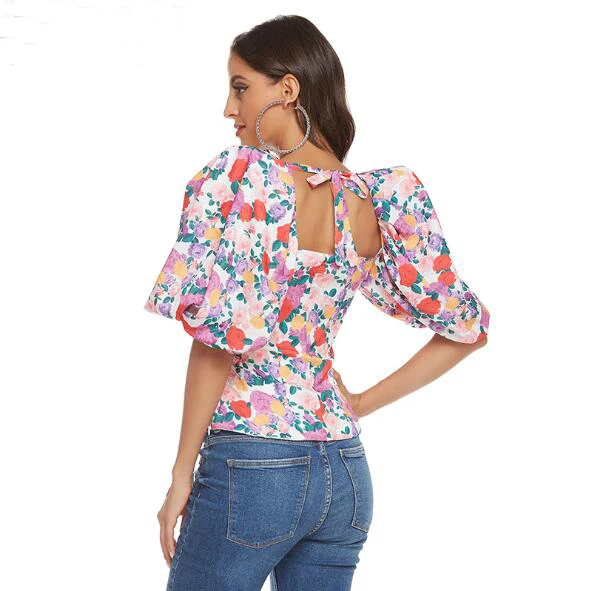 

Cultiseed Women Sexy Strapless Square Collar Floral Print Shirts Blouses Top Female Vintage Elegant Puff Sleeve Slim Waist Shirt
