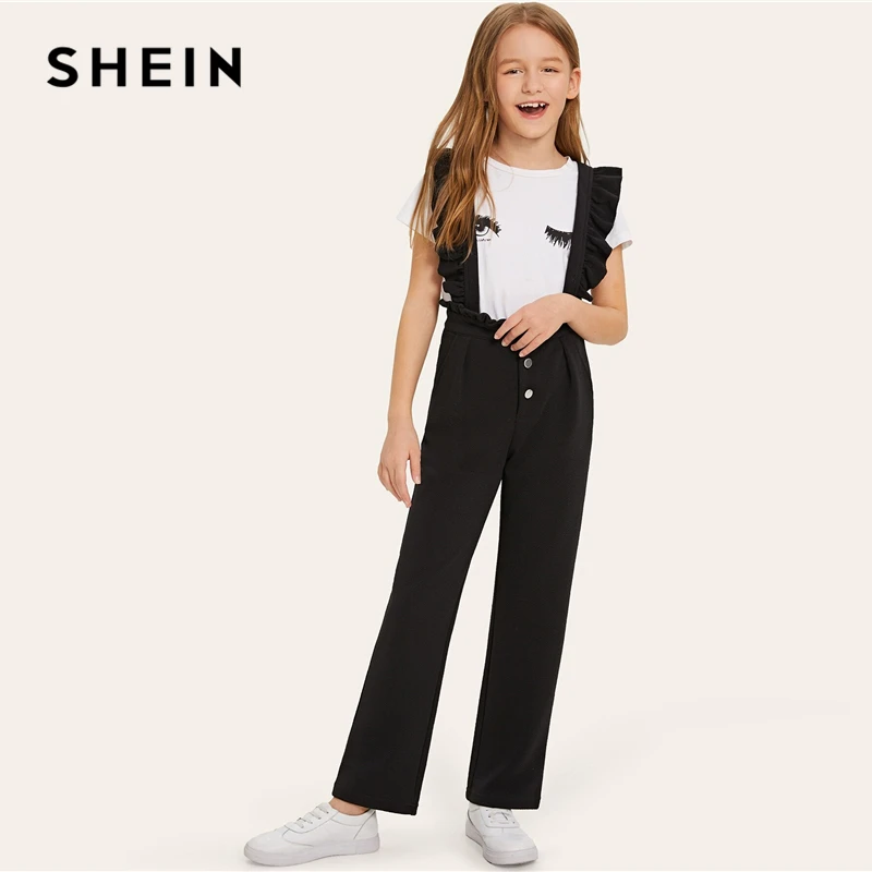 SHEIN Kiddie/черные однотонные брюки на пуговицах, возможность носить с брюками с рюшами на бретелях, детские штаны г., Осенние прямые длинные штаны для подростков