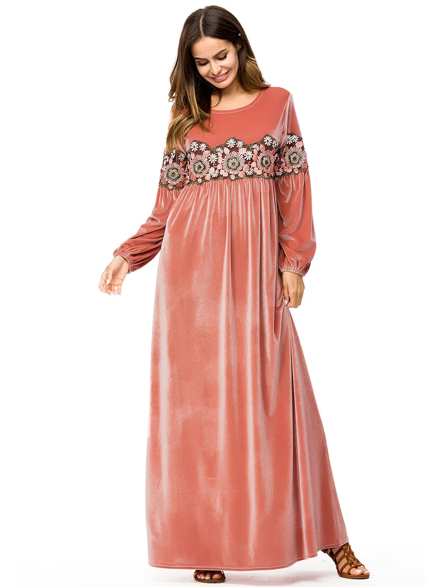 Винтаж бархатное платье с вышивкой Для женщин Абая для мусульман длинное