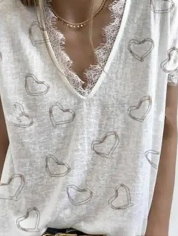 

New Women's Summer Print Heart Lace V- Collar Top Short Sellve Slim T-shirt