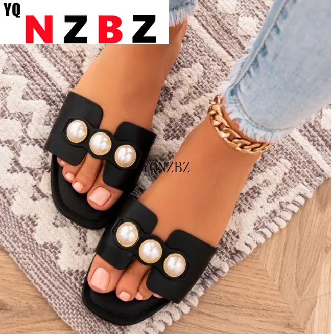 

Summer Elegant Women Pearl Design Women Slippers Pu Leather Flat Heel Rubber Sole Outdoor Ladies Luxury Slides Zapatillas Mujer