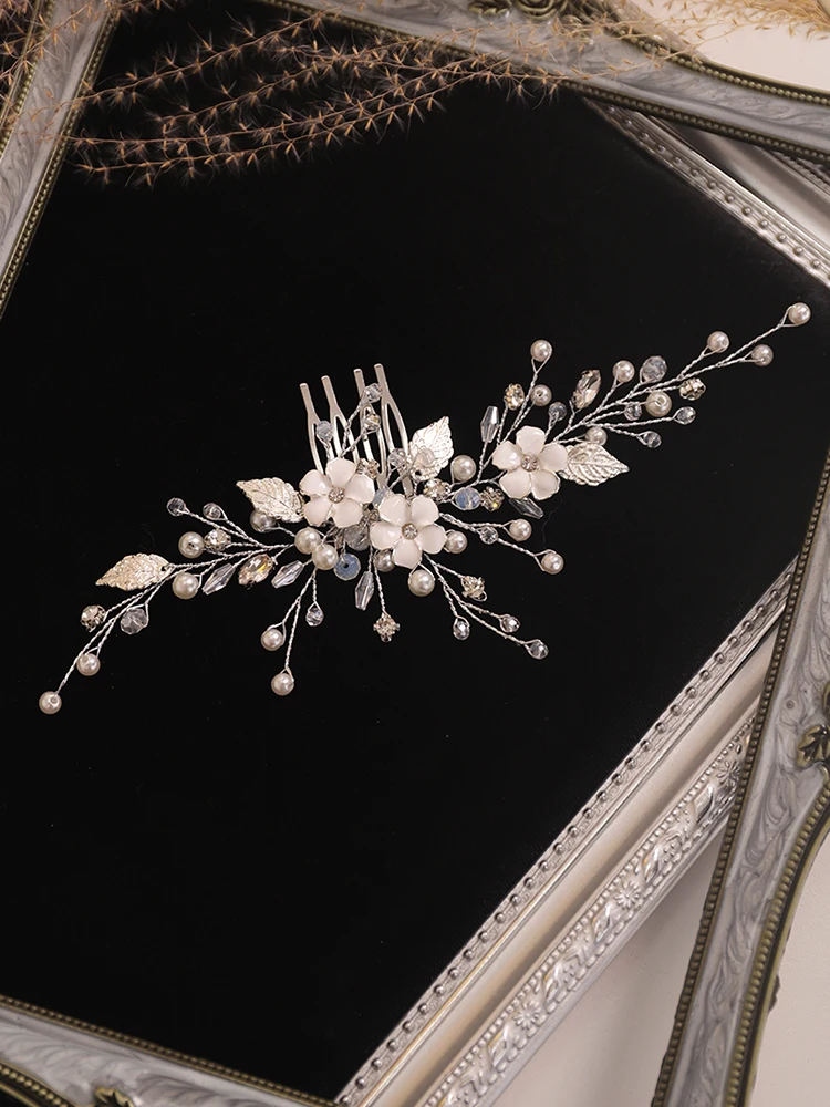 Модная Серебряная расческа для волос с цветком кристаллы стразы жемчуг Корея