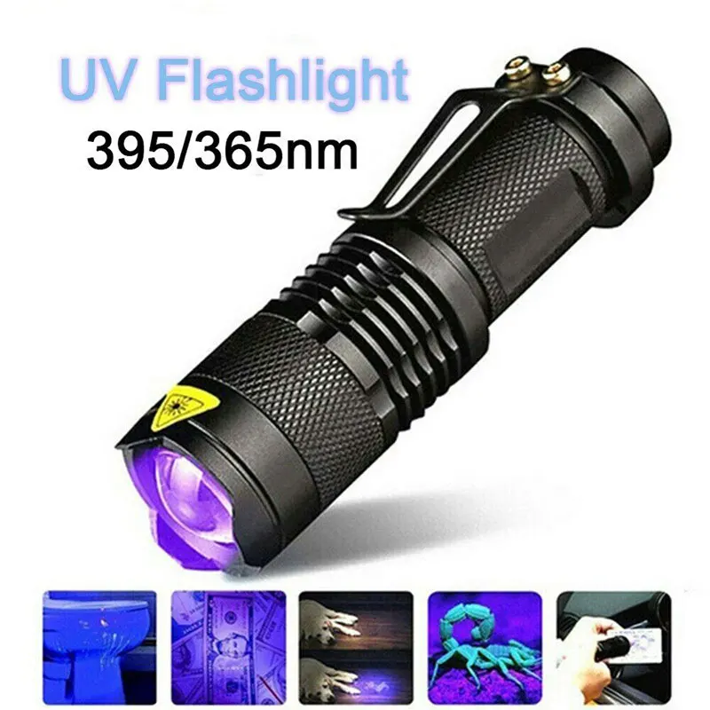 

Portable UV Flashlight Ultra Violet Light 365/ 395nm Zoom Function Mini UV Black Light Pet Urine Stains Detector Scorpion Lights