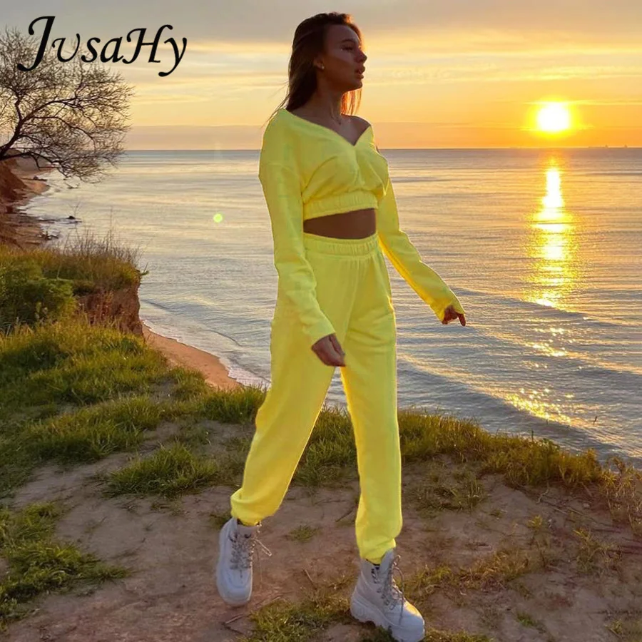 

JuSaHy Autumn Solid Casual Women's Two Pieces Sets Deep V-Neck Long Sleeves Crop Top+Elastic Pants Matching Casual Streetwear