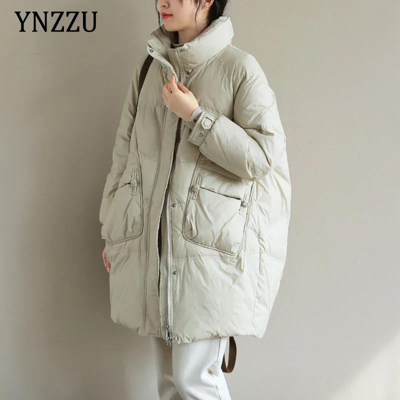 

Casual 2021 Winter Oversized Down jacket Women Solid Thick warm Stand collar Female Long Coat 90% White duck down YNZZU 1O307