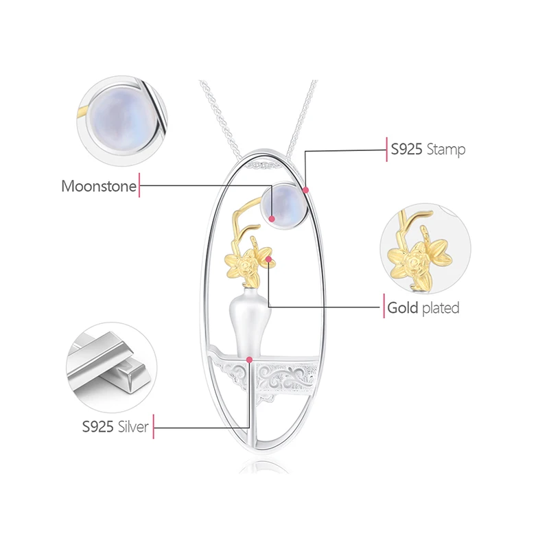 

Lotus Fun Real 925 Sterling Silver Natural Moonstone Handmade Fine Jewelry Flower Vase Design Pendant without Necklace for Women