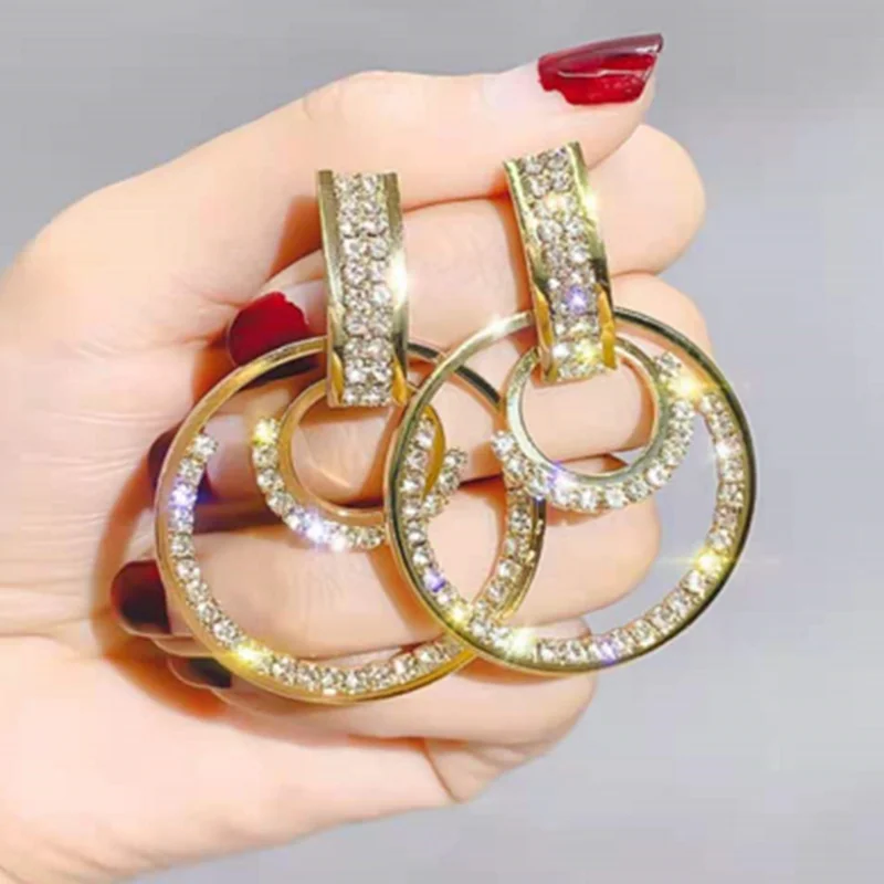 

Korean Style Double Round Circle Stud Earrings Inlaid Dazzling Rhinestone AAA CZ Crystal for Women Wedding Party Jewelry