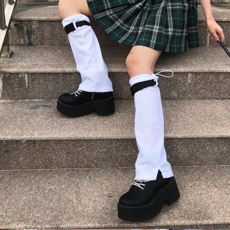 Katı beyaz Harajuku kız bacak ısıtıcısı s Y2k bayan plastik toka diz tatlı bacak ısıtıcısı öğrenci kore moda çekmek dize uzun çorap