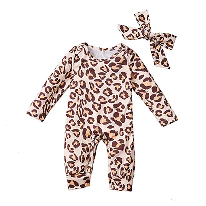

Newborn Baby Rompers with Headbands Spring Fall Cotton Jumpsuits Printed Leopard Onesie Outfits For Infant Girls 0-18M C0062