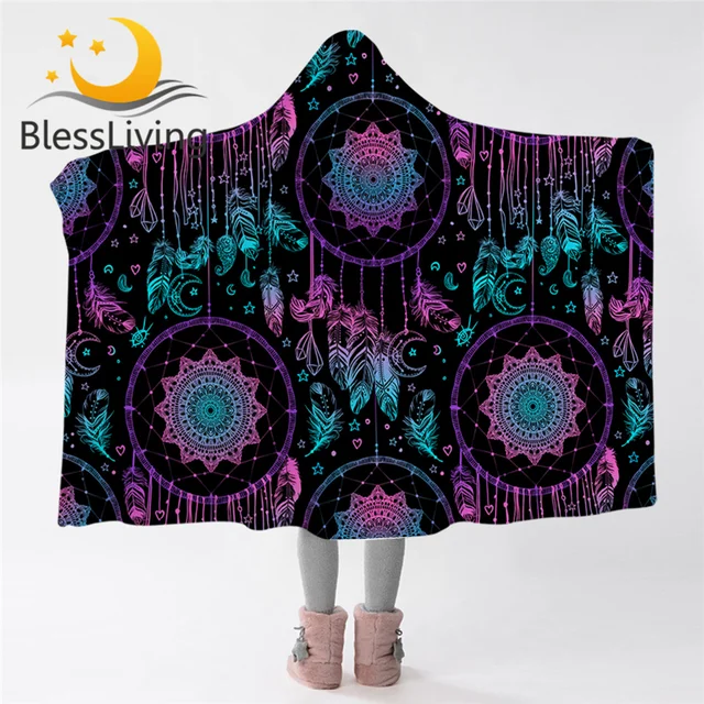 BlessLiving Dreamcatcher Hooded Blanket for Adults Boho Sherpa Fleece Blanket Ethnic Wearable Throw Blanket Blue Purple Bedding 1