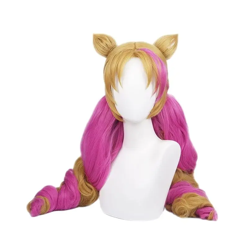 

LOL Gwen Cosplay Cafe Cutie Gwen Cosplay Wig 70cm Wave Yellow Pink Mixed Heat Resistant Synthetic Hair Anime Cosplay Props