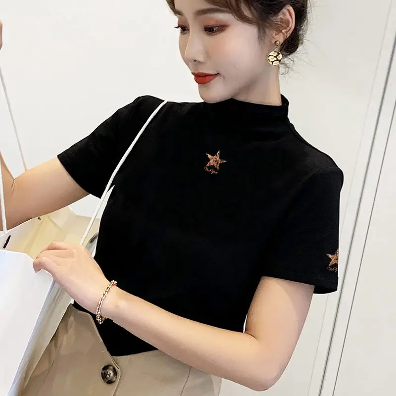 

Half high collar short sleeve new style foreign style small shirt top bottom shirt female 2021 new fashion versatile T-shirt sli