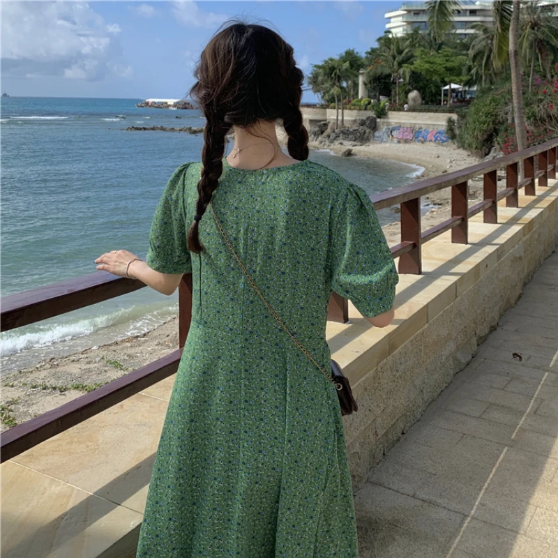 

Long Skirt Ladies Summer Youth Fashion V-Neck Floral Short-Sleeved Large Skirt and Ankle Green Dress Casual