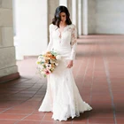 Элегантное свадебное платье-русалка, Кружевная аппликация, Глубокий V-образный вырез, длинные рукава, женское свадебное платье со шлейфом и аппликацией
