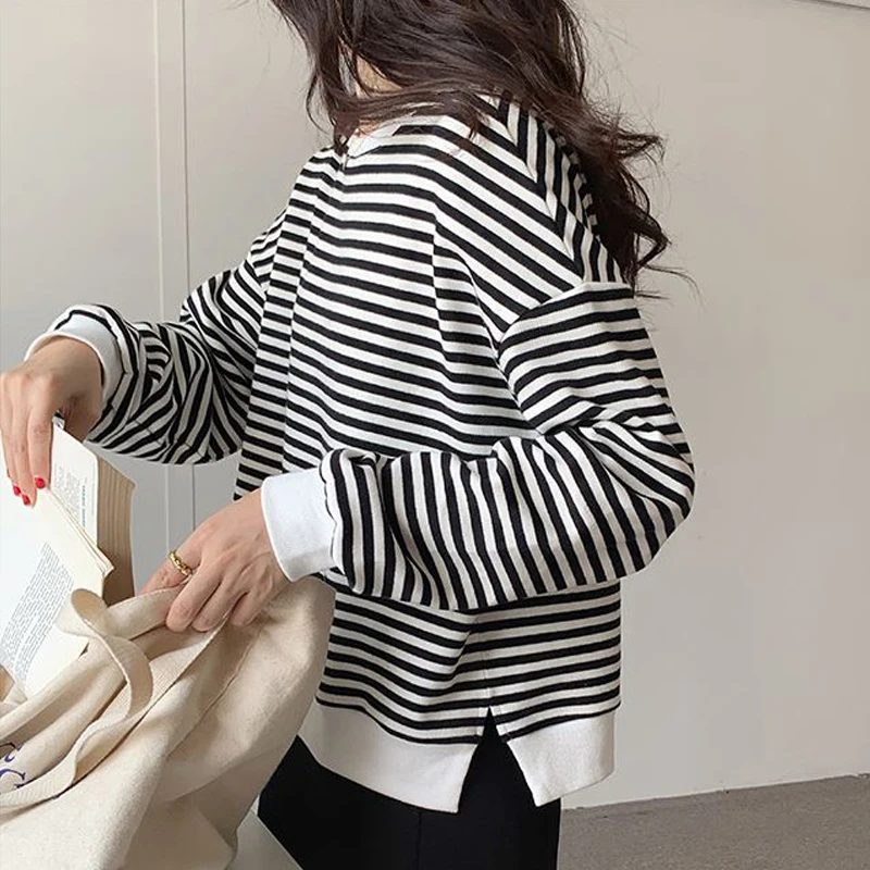 2022 Autumn oversized Hoodies Women Harajuku Gothic stripe cotton Hoodie Clothes long sleeve Korean thin Sweatshirt black Tops