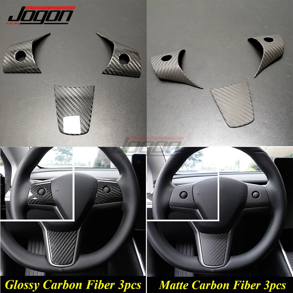 Glossy / Matte Real Carbon Fiber For Tesla Model 3 2017-2021 Model Y Car Accessories Interior Steering Wheel Button Cover Trim