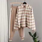 Женский трикотажный комплект из двух предметов, привлекательный пуловер с длинным рукавом и сетчатым принтом, свитер и штаны, спортивные костюмы, одежда для осени и зимы