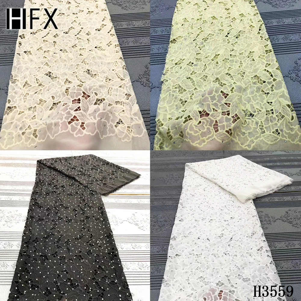 

HFX White Guipure lace fabric 2020 Cord lace fabric with Stones Embroidery African fabric lace for Wedding Party Dress F3559
