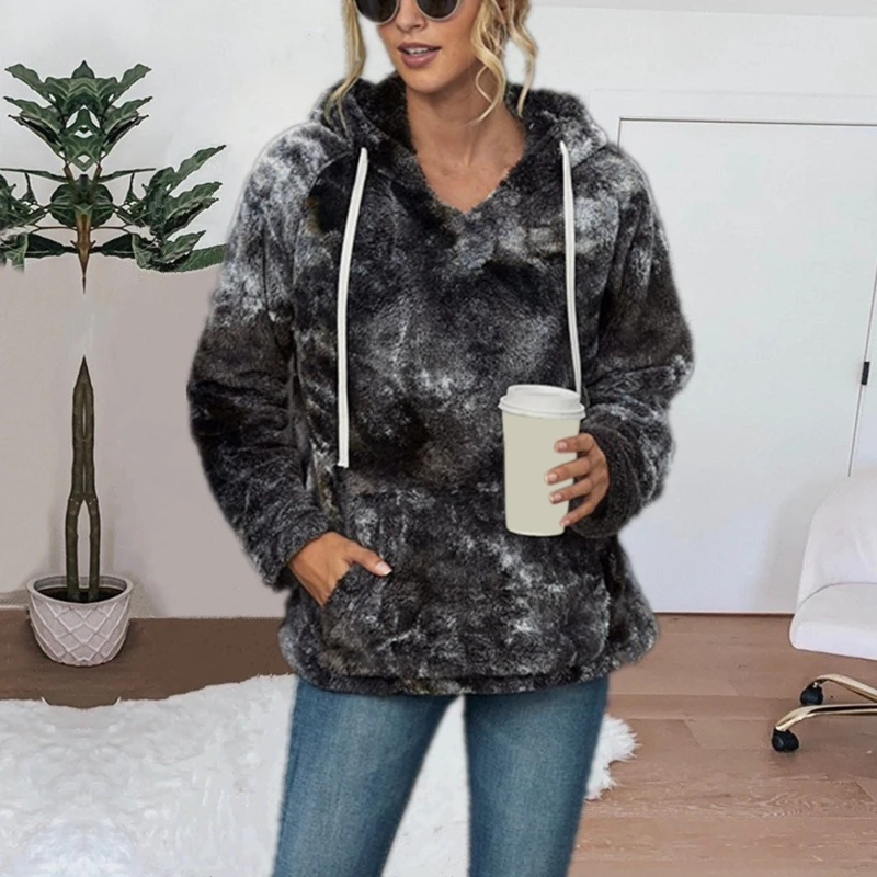 

Women Hoodies Sweatshirt Tie-dye Ladies Long Sleeve Pullover Plush Top Autumn Winter Female Warm Clothing 2021