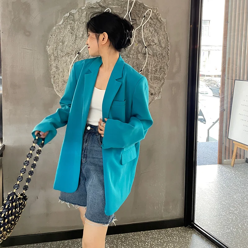

Autumn Women's Blazer Jacket Casual Solid Blue Single Breasket Pocket Long Sleeve Loose Streetwear Lapel Coat Woman