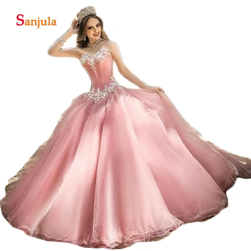 Розовые фатиновые Бальные платья бальное платье 2019 Милая блестящее длинное
