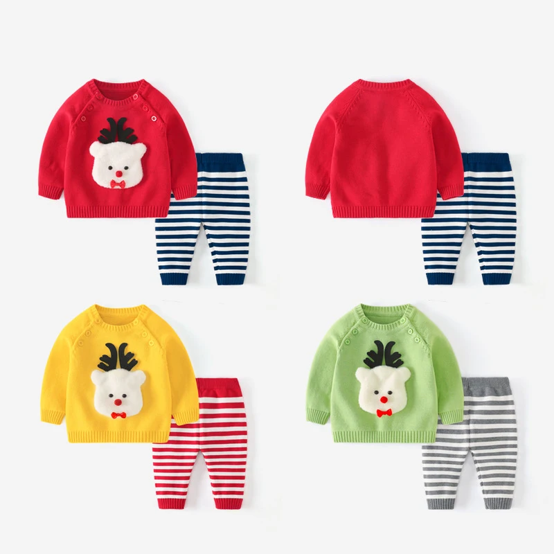 Autumn Baby Set Knitted Boys Girls Clothing Sets 2pcs Pullover Long Sleeve Tops Striped Pants Winter Fashion Clothes | Детская одежда и