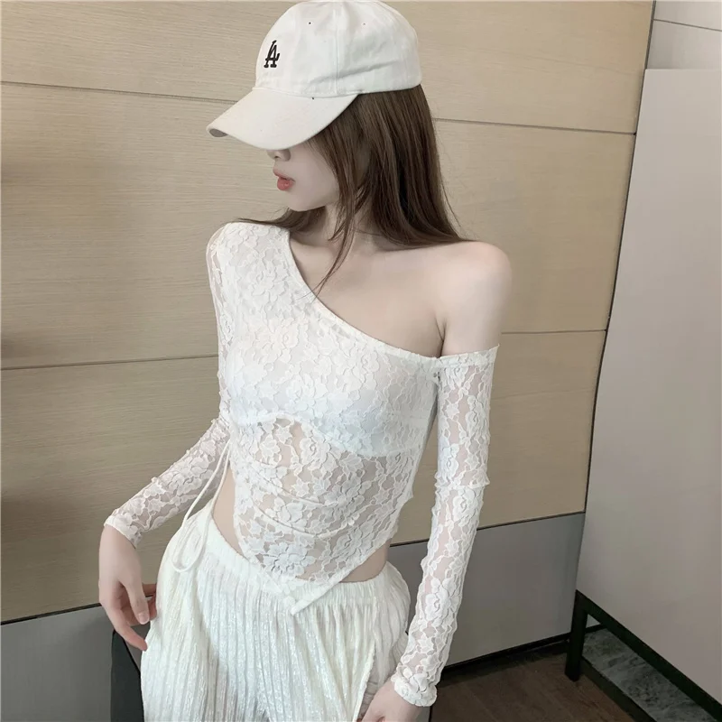 Camiseta Sexy con hombros descubiertos y encaje irregular de manga larga, top de hada sin tirantes, pliegues, camiseta adelgazante