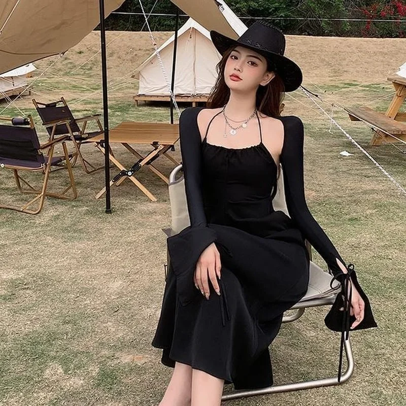 Женский комплект из двух предметов элегантный Однотонный черный костюм футляр