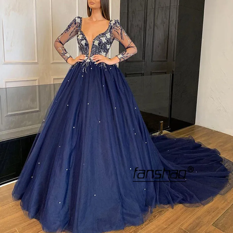 

Royal Blue Evening Dress Deep V Applique Full Sleeve Special Occasion Dubai Saudi Arabic Evening Gown Prom Dress abendkleider
