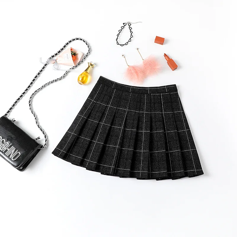 

2020 Women's Spring and Autumn New Woolen Pleated Skirt Plaid High Waist Skirt Academic A- line plaid skirt short skirt