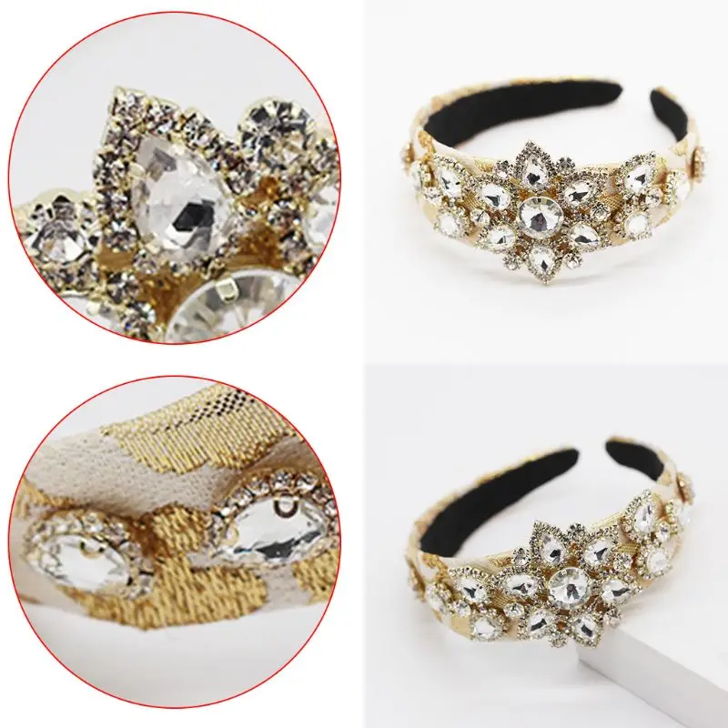 

Baroque Style Women Wide Headband Imitation Diamond Floral Garland Hair Hoop Wedding Prom Bandana Headwear Decor