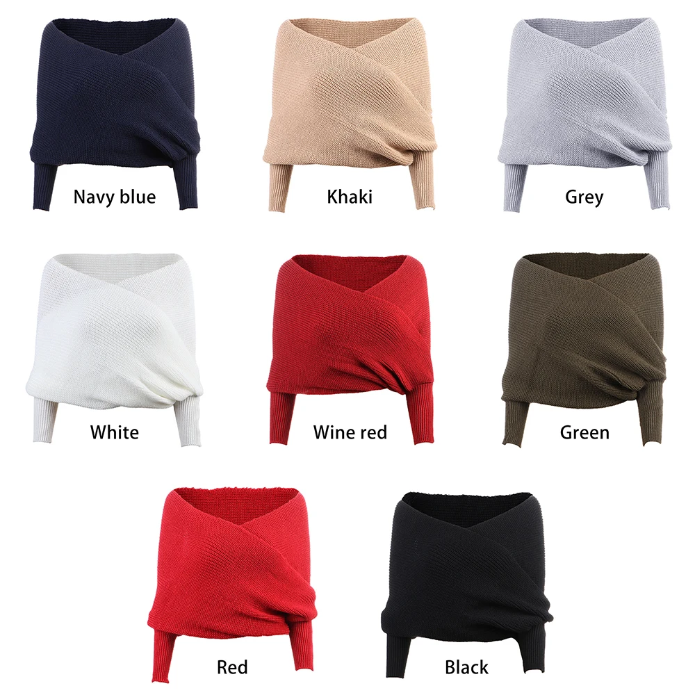 

1pc Fashion Women Sexy V-neck Wrap Sweaters Scarf Knitted Off Shoulder Shawls Long Sleeve Warm Loose Oversized Scarves