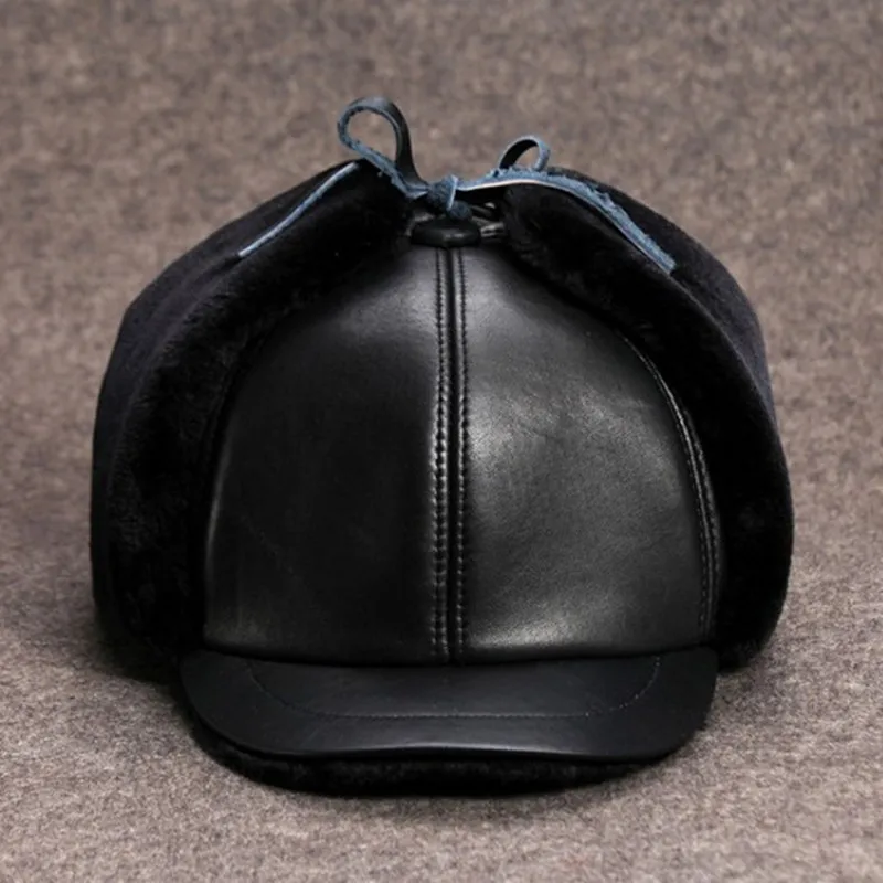 XdanqinX Winter Men Genuine Leather Cap Thick Velvet Bomber Hats Sheepskin Leather Hat Men's Warm Earmuff Caps Old Men Dad's Hat