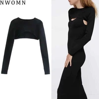 za 2021 black knitted top female fashion arm warmers long sleeve cropped women sweater knit ladies top autumn warm slim sweaters