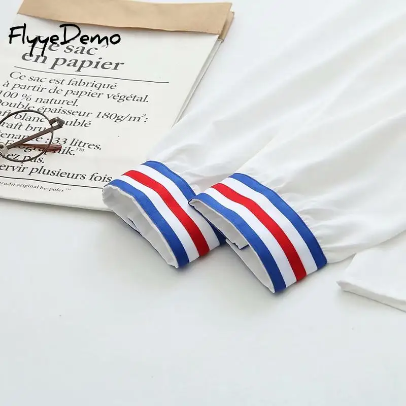 

Chic Early Autumn Preppy Style Color-hit Sweet Fashion Women Sailor Collar Tops Fresh Puff-sleeved All-match Shirts Plus Size