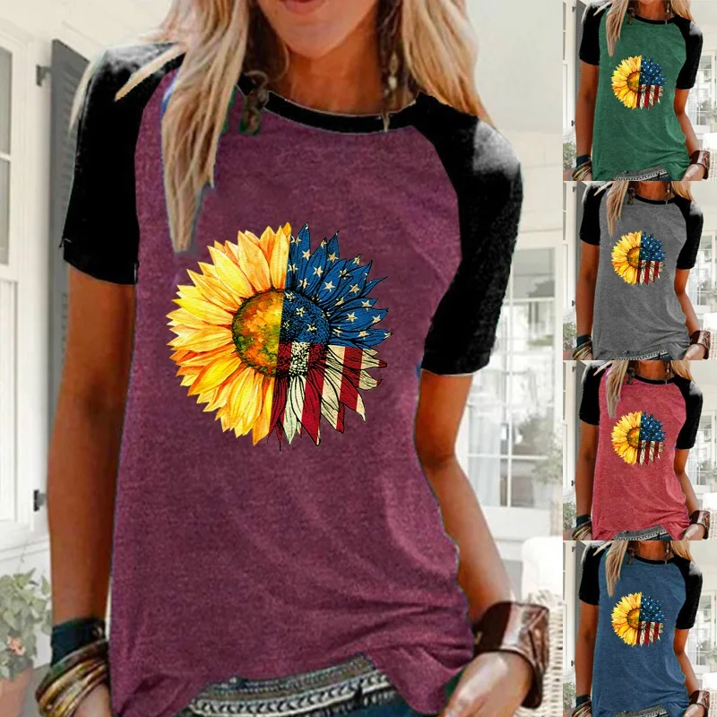 

Women's Fashion Summer Daisy Flag Printed Comfy T-shirt Casual O-neck Short Sleeved T-Shirt Loose Tops