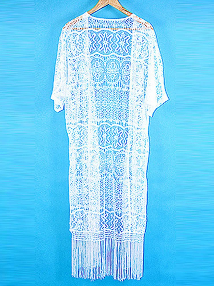 Белая кружевная накидка для пляжа 2019 г. новая с кисточками пляжная одежда бикини