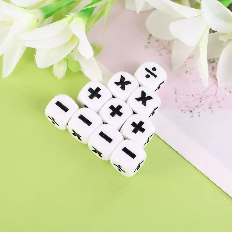 

10pcs 16mm D6 Dice Mathematical Operators Arithmetic Dice Club Pub Board Game White Acrylic Round Corner Dice