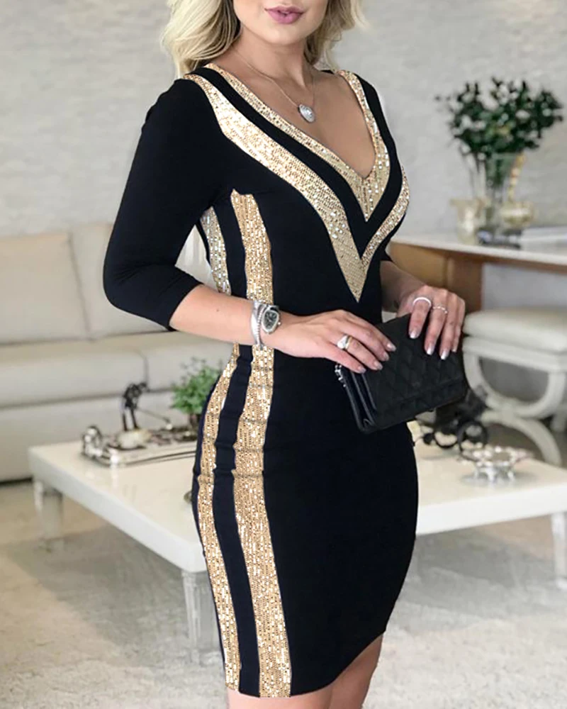 

Women Elegant Casual Sequins Colorblock Long Sleeve Dress Lady Sexy Sequin V Neck Skinny Midi Dress Slim Fit Party Dress