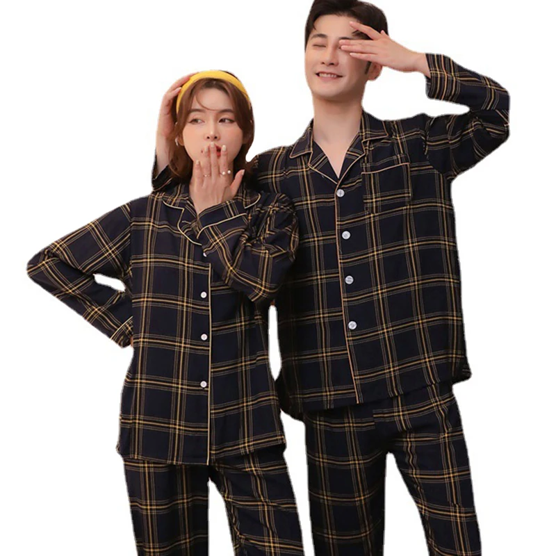 

Couple Pajamas Sets Fashion Grid Homewear for Women Men Plaid Sleepwear Soft Cotton Pyjamas Suit Couples Pijamas Mujer Plus Size