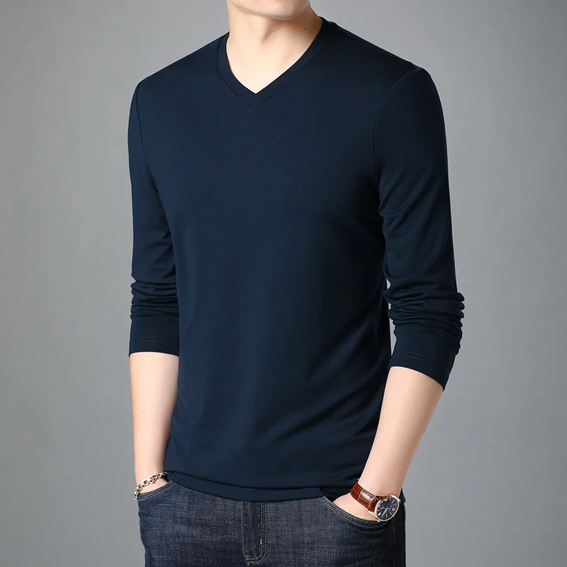 

2021 new spring and autumn tops tees men long-sleeved V-neck t shirt jke1438