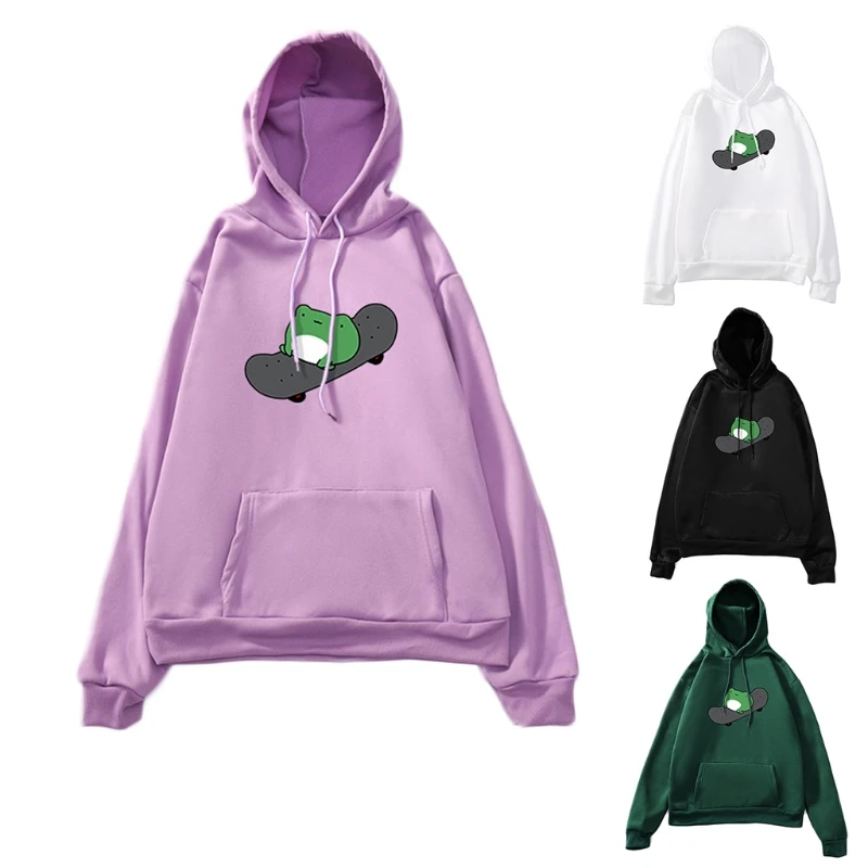 Women Girls Long Sleeve Drawstring Hoodies Cartoon Skateboarding Frog Print Sweatshirt Oversized Harajuku Pullover Tops