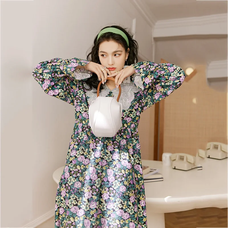 

LANMREM Women Printing Dress Lace Turn-down Collar Ruffles Sleeve Loose Fit Female Fashion Spring 2021 New Arrivals 2E1693