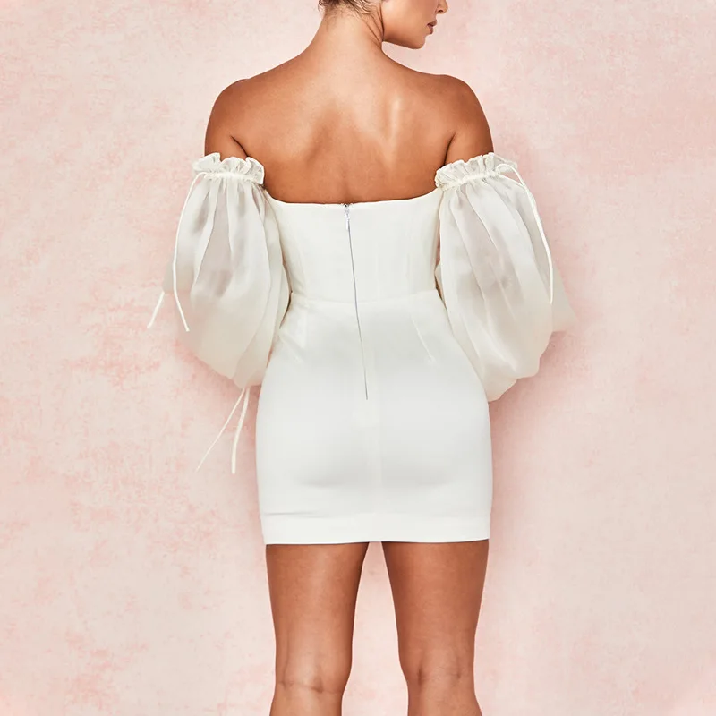 

2020 Satin Sexy White Summer Dress Lantern Sleeves Mini Dress Women Bodycon Solid Slim Night Club Party Dress Vestidos