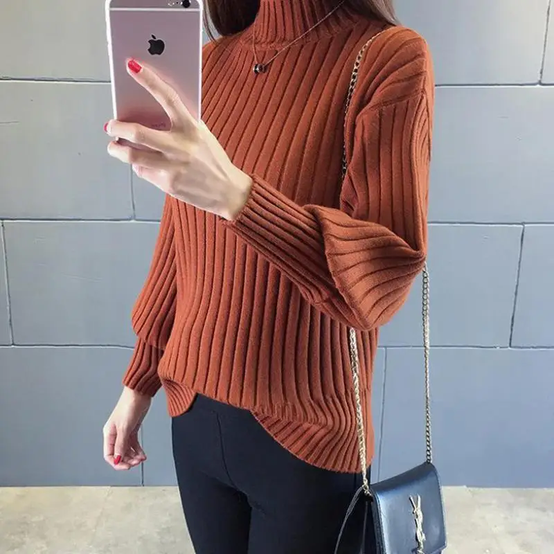 2019 Womens Sweaters Lantern Sleeve Lazy Wind Half High Neck Solid Color Knitted Bottom Casual Comfort Winter Oversized Sweater | Женская