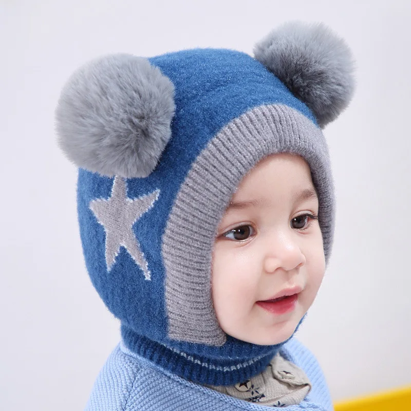 Шапка-ушанка детская вязаная с двумя помпонами ветрозащитная плотная теплая