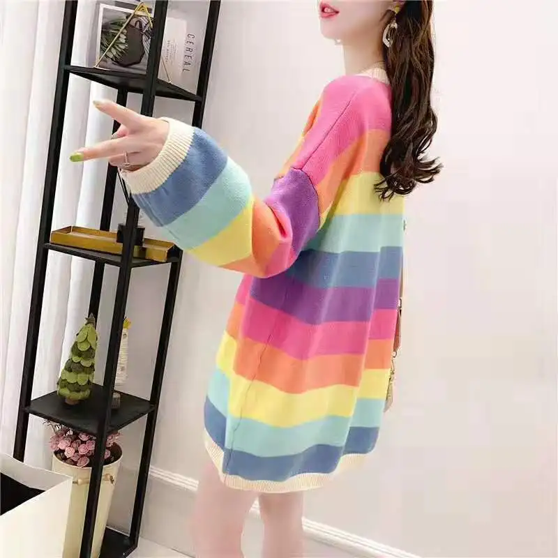 Трикотажный свитер с радужным покрытием для зимы 2020 женский милый полосатый