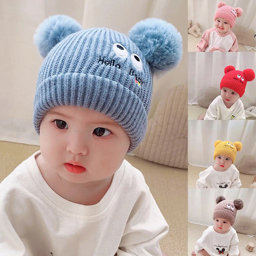 Newborn Infant Hat Baby Boys Girls Winter Warm Cotton Knit Crochet Letter Print Pompon Beanie Cap For 0-2 Years Kids Hats | Детская