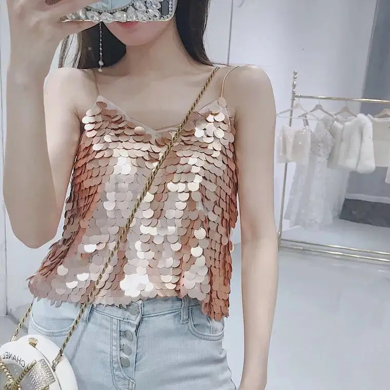 

Women Sequin Camis Shinning Camisole Tank Top Sexy Crop Top Backless 2021 Summer