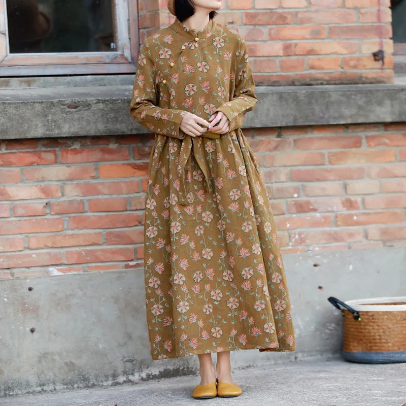 Платье с цветочным принтом Johnature винтажное платье из хлопка и льна длинным